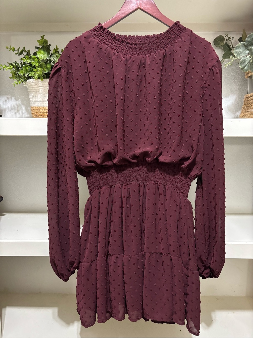 Culture Code Women’s Burgundy Smocked Waist Long-Sleeve Mini Dress Size 3X